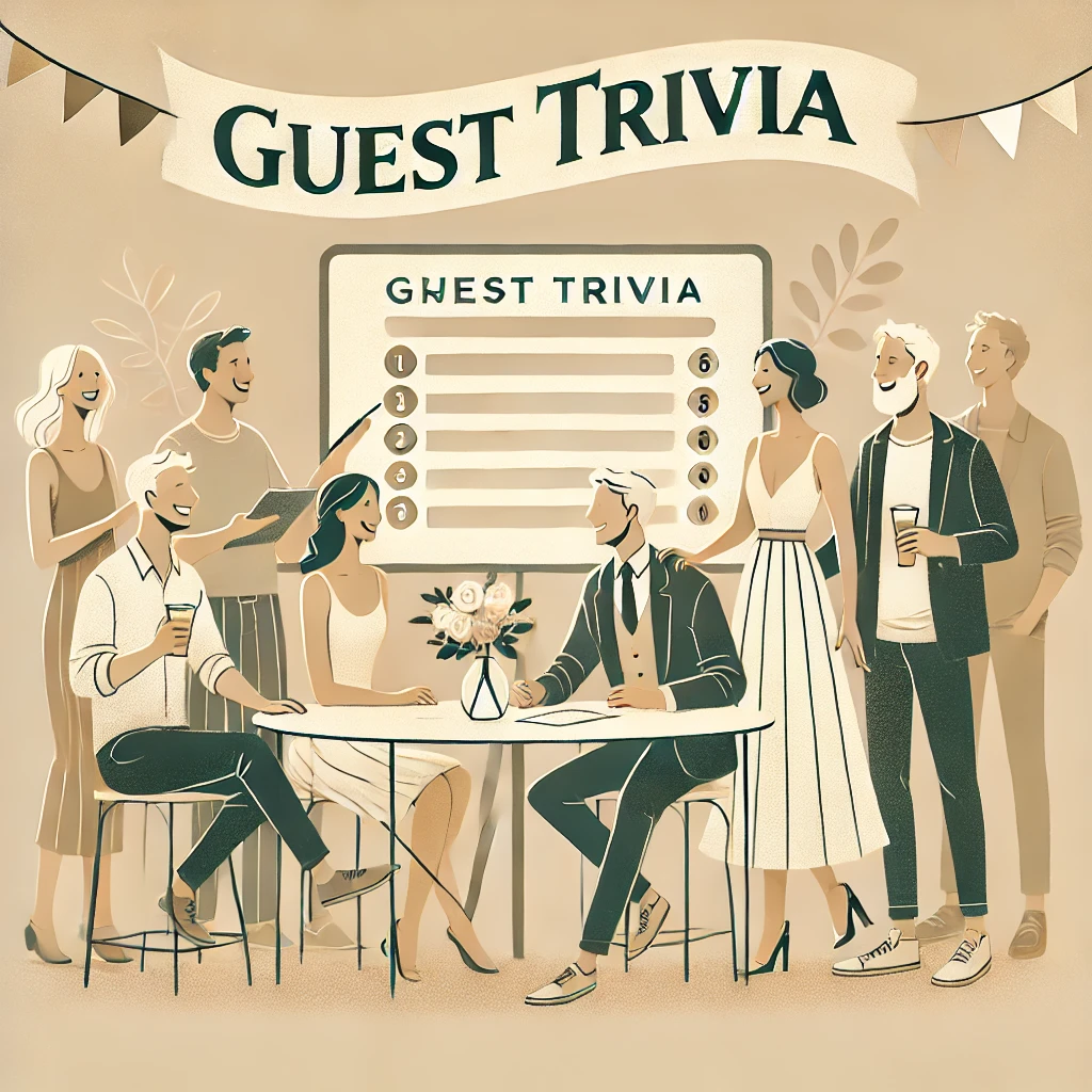 Guests participating in a fun trivia game, answering questions about the hosts, family history, and traditions at a social event.