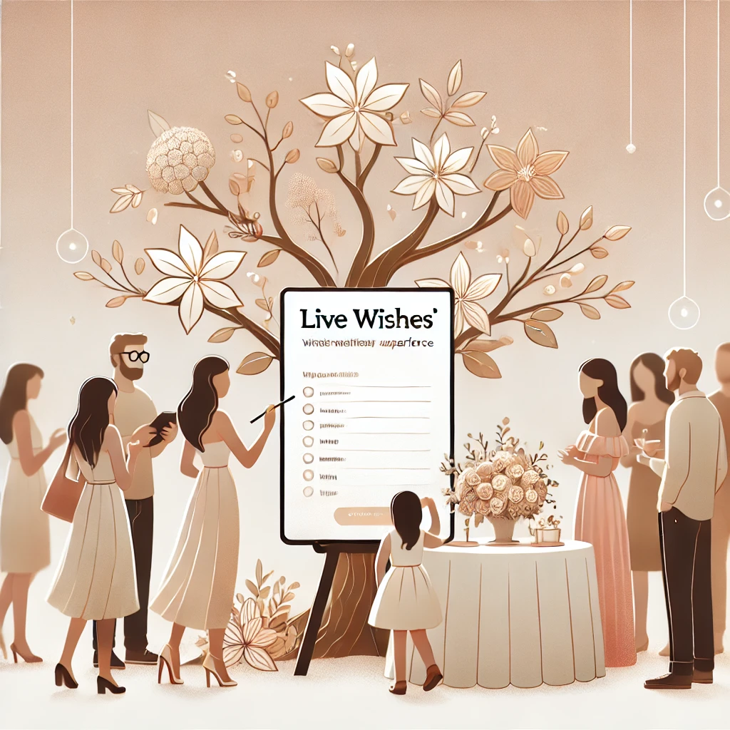 Guests writing and submitting heartfelt messages on a wishing tree or digital screen at a celebration event.