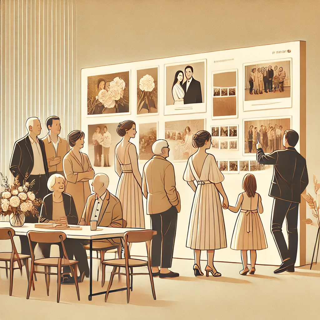 Guests gathered around a digital photo wall, reminiscing over past moments, sharing stories, and reacting to old pictures.